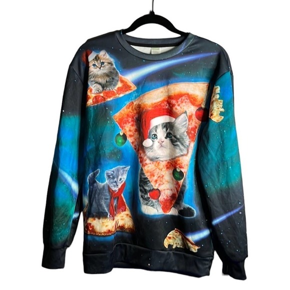 𝅺UGLY Cat and Pizza Long Sleeve Christmas Sweater Size Large - Picture 1 of 8